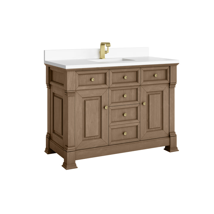 Brookfield 48" Single Vanity, Pecan w/ Single Hole 3CM White Zeus Silestone®  Top & Backsplash