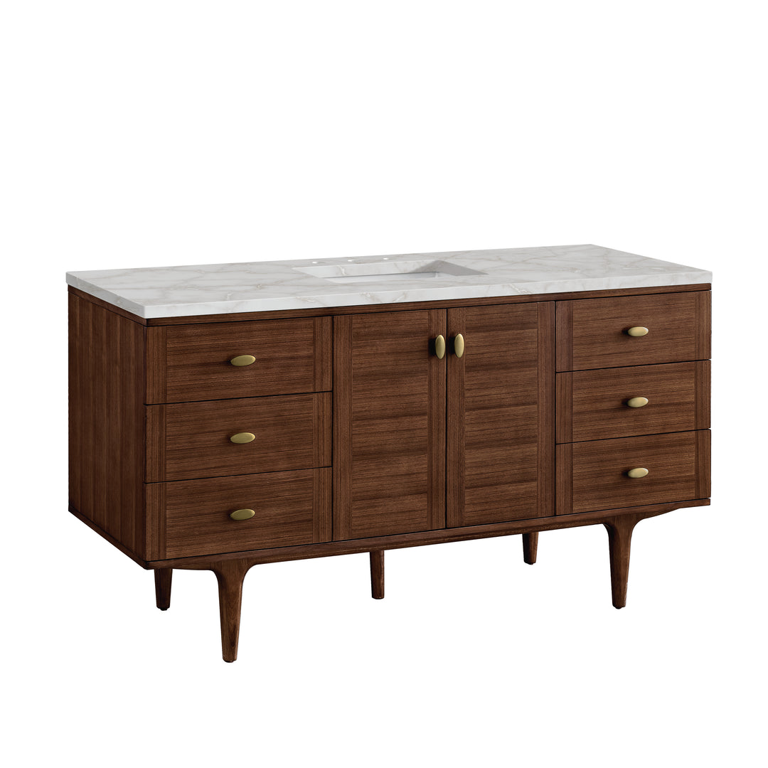 Amberly 60" Single Vanity, Mid-Century Walnut w/ 3 CM Victorian Silver Top w/FreePower Wireless Charger