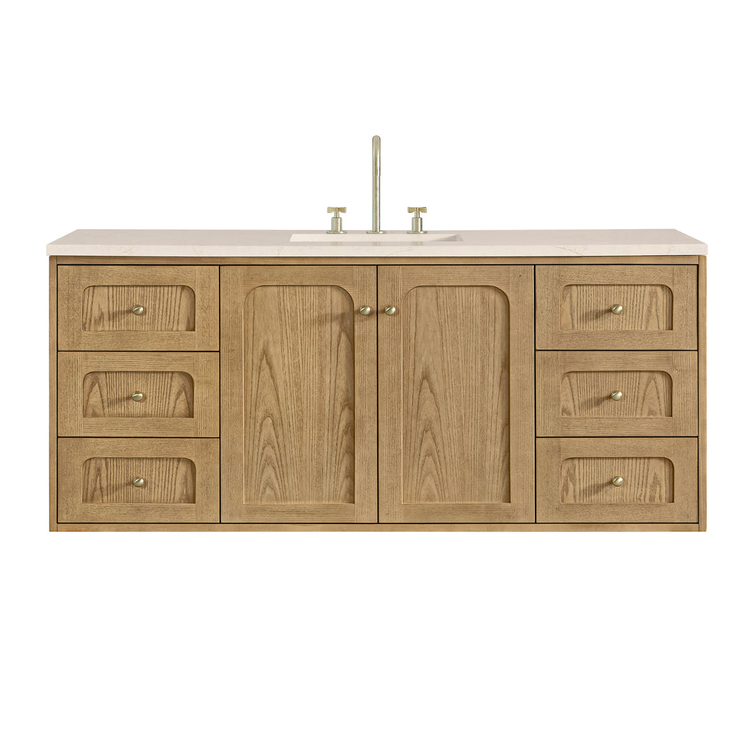 Laurent 60" Single Vanity, Light Natural Oak, w/ 3 CM Eternal Marfil Quartz Top