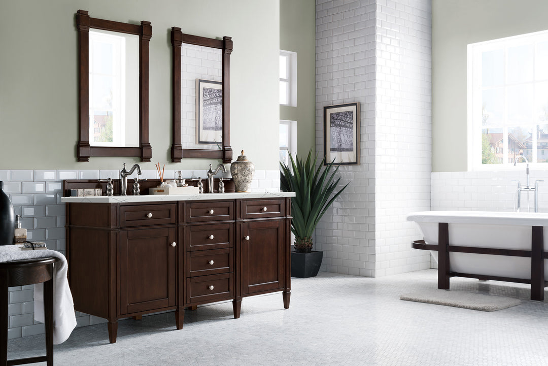 Brittany 60" Double Vanity, Burnished Mahogany w/ 3 CM Ethereal Noctis Silestone Top w/FreePower Wireless Charger