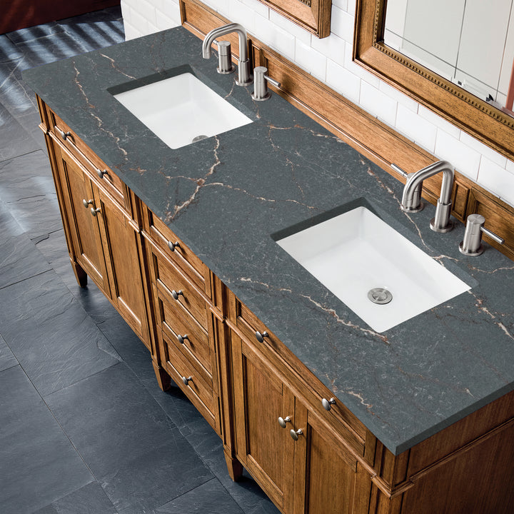 Brittany 72" Double Vanity, Saddle Brown w/ 3 CM Parisien Bleu Silestone Top w/FreePower Wireless Charger