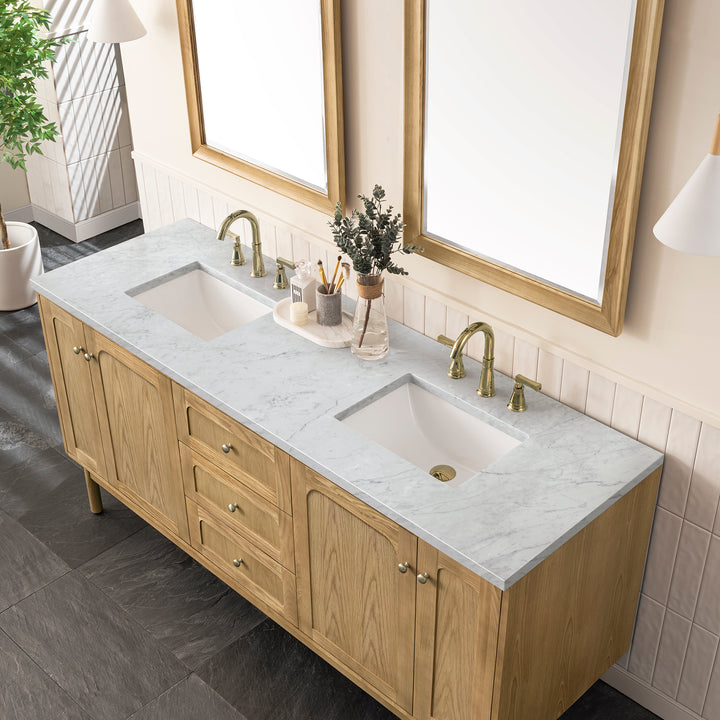 Laurent 72" Double Vanity, Light Natural Oak w/ 3 CM Carrara Marble Top