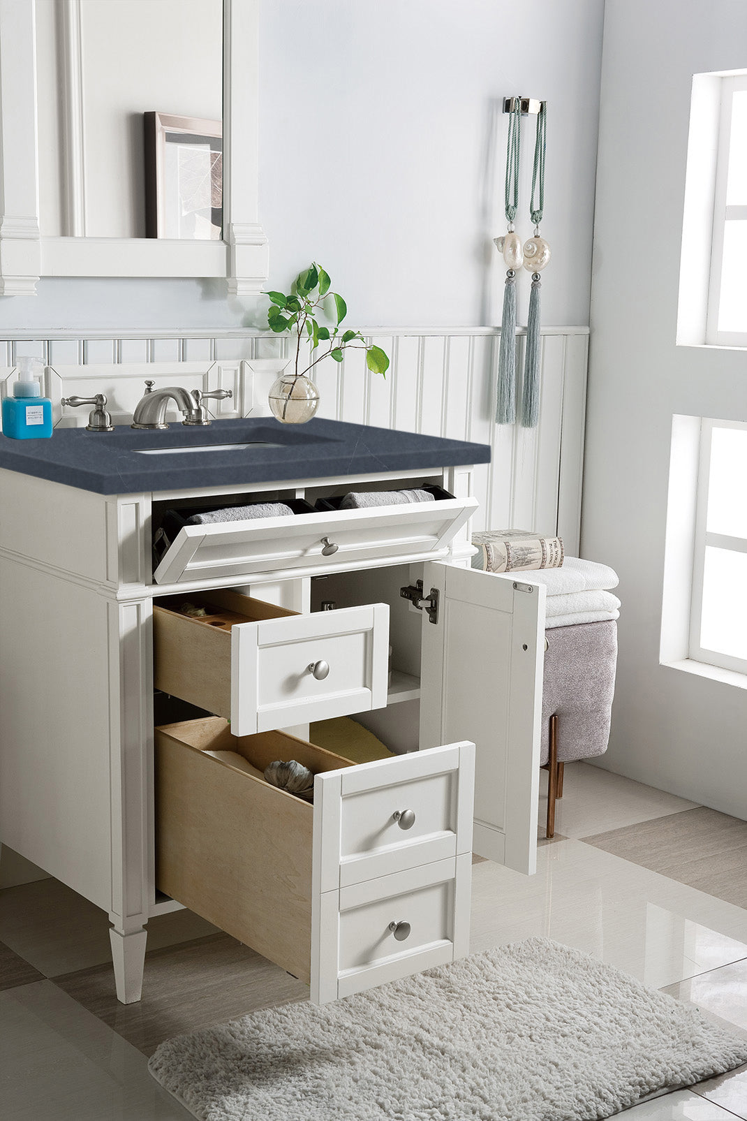 Brittany 30" Single Vanity, Bright White, w/ 3 CM Charcoal Soapstone Silestone Top