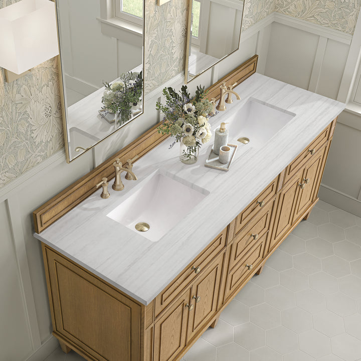 Lorelai 72" Double Vanity, Light Natural Oak w/ 3 CM Arctic Fall Solid Surface Top