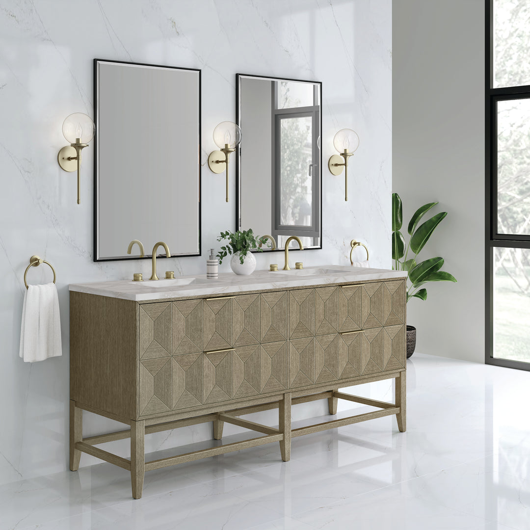 Emmeline 72" Double Vanity, Pebble Oak w/ 3 CM Victorian Silver Top w/FreePower Wireless Charger