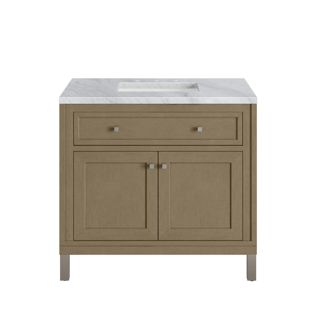 Chicago 36" Single Vanity, Walnut Whisper, w/ 3 CM Carrara Marble Top