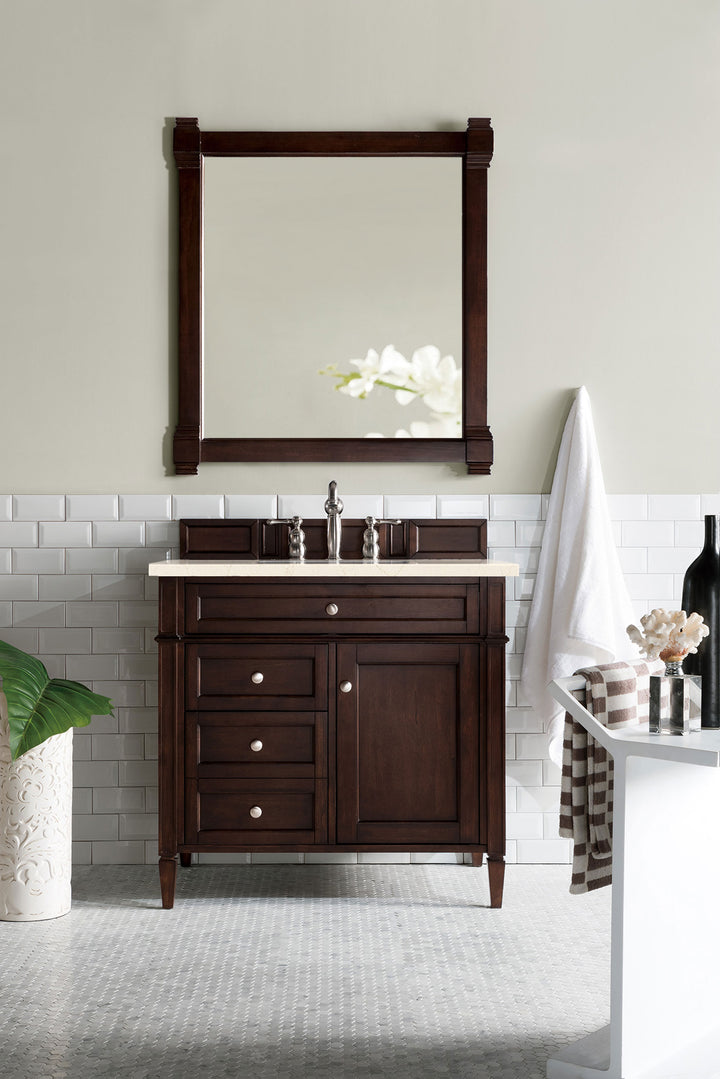 Brittany 36" Single Vanity, Burnished Mahogany w/ 3 CM Eternal Marfil Silestone Top