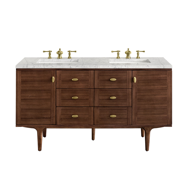 Amberly 60" Double Vanity, Mid-Century Walnut w/ 3 CM Eternal Jasmine Pearl Top w/FreePower Wireless Charger