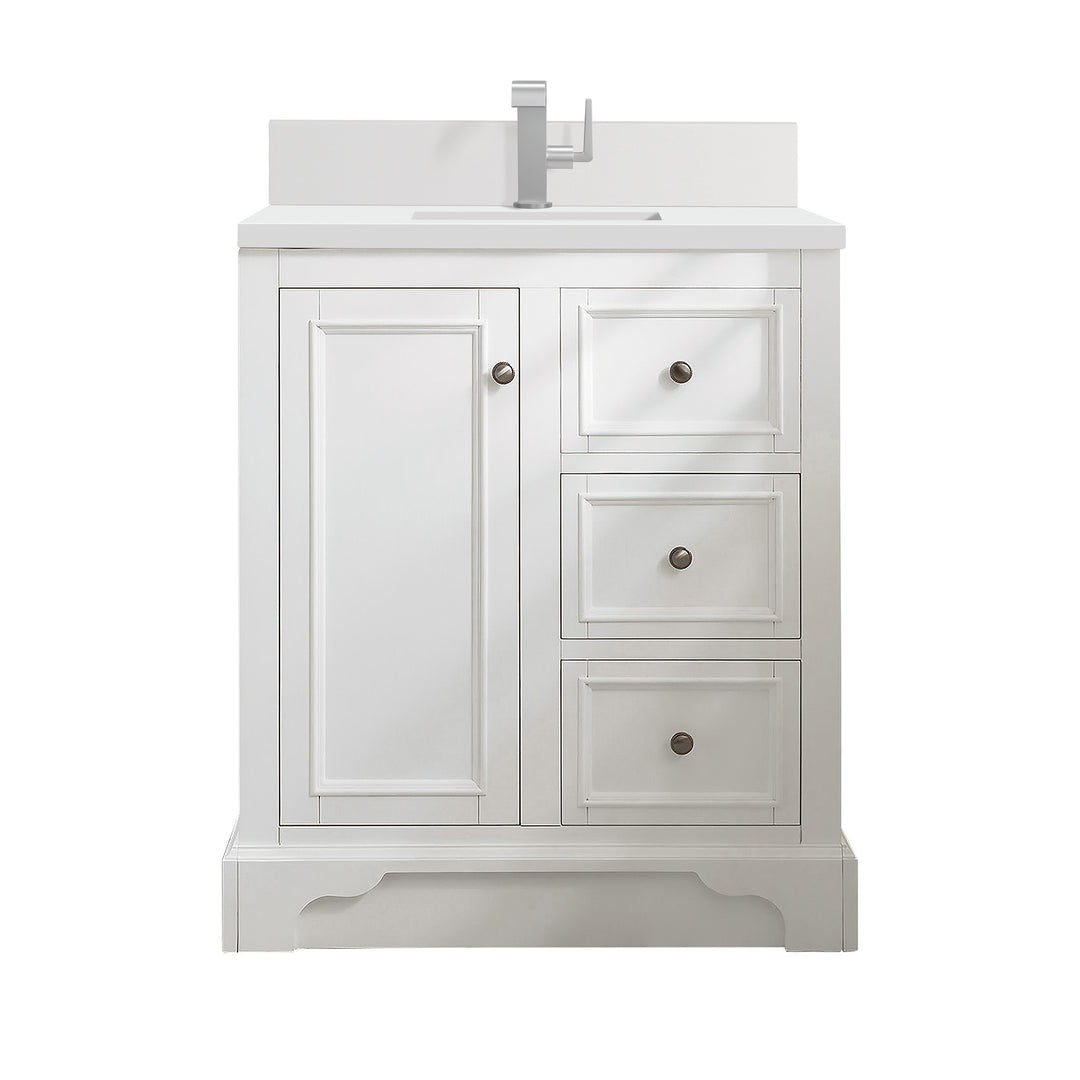 De Soto 30" Single Vanity, Bright White w/ Single Hole 3 CM White Zeus Silestone Top & Backsplash