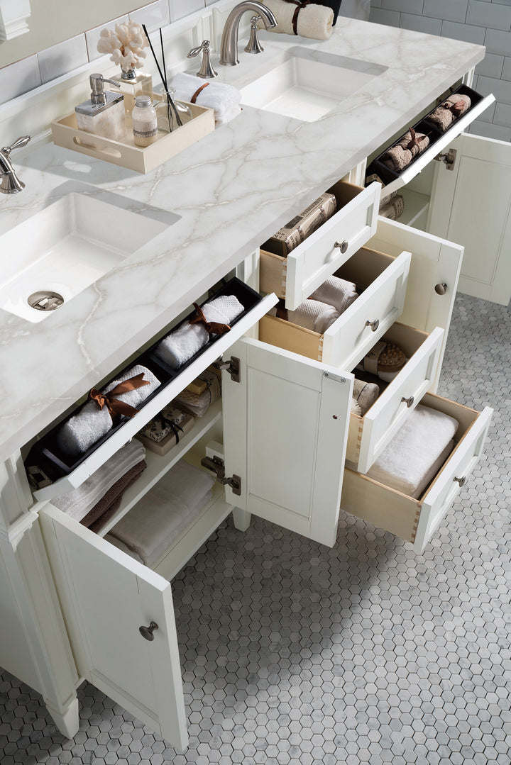 Brittany 72" Double Vanity, Bright White Vanity w/ 3 CM Victorian Silver Silestone Top w/FreePower Wireless Charger