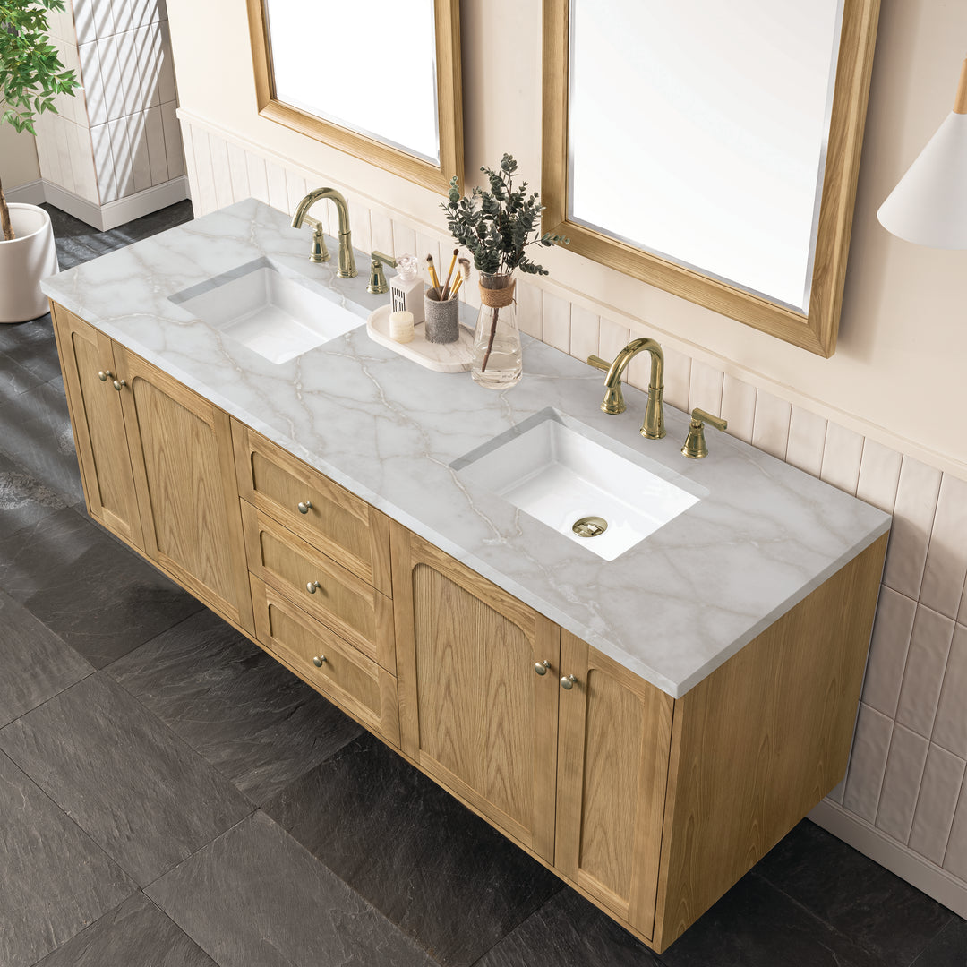 Laurent 72" Double Vanity, Light Natural Oak w/ 3 CM Victorian Silver Top w/FreePower Wireless Charger