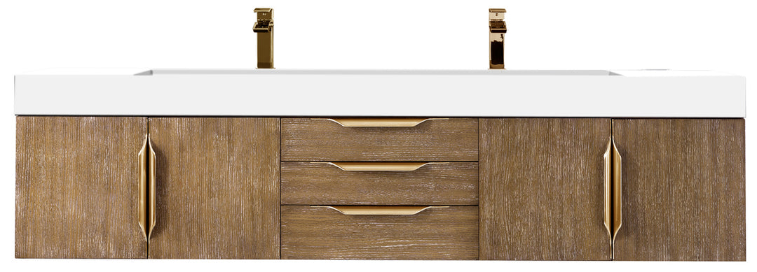 Columbia 72" Double Wall Mount Vanity, Latte Oak, Radiant Gold w/ Glossy White Composite Stone Top