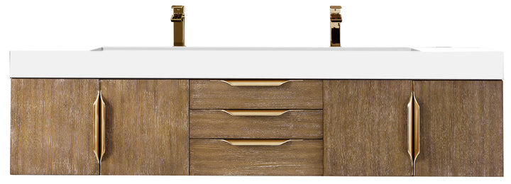 Columbia 72" Double Wall Mount Vanity, Latte Oak, Radiant Gold w/ Glossy White Composite Stone Top