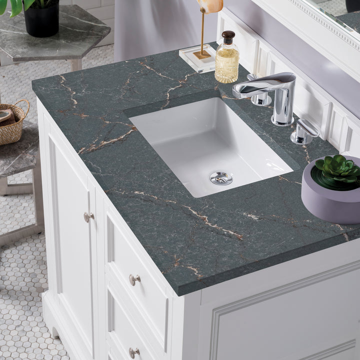 De Soto 36" Single Vanity, Bright White w/ 3 CM Parisien Bleu Silestone Top