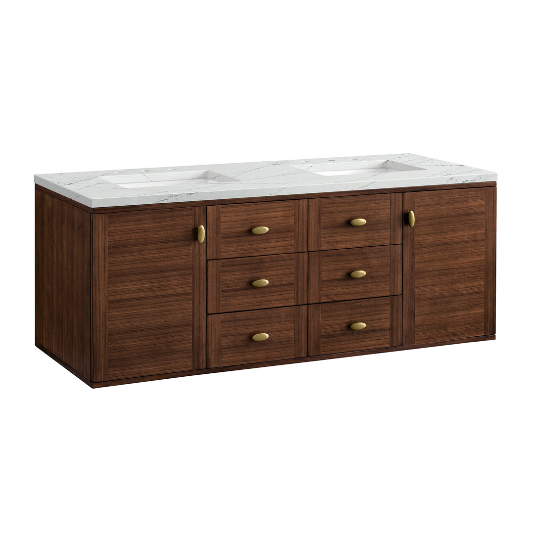 Amberly 60" Double Vanity, Mid-Century Walnut w/ 3 CM Ethereal Noctis Top w/FreePower Wireless Charger