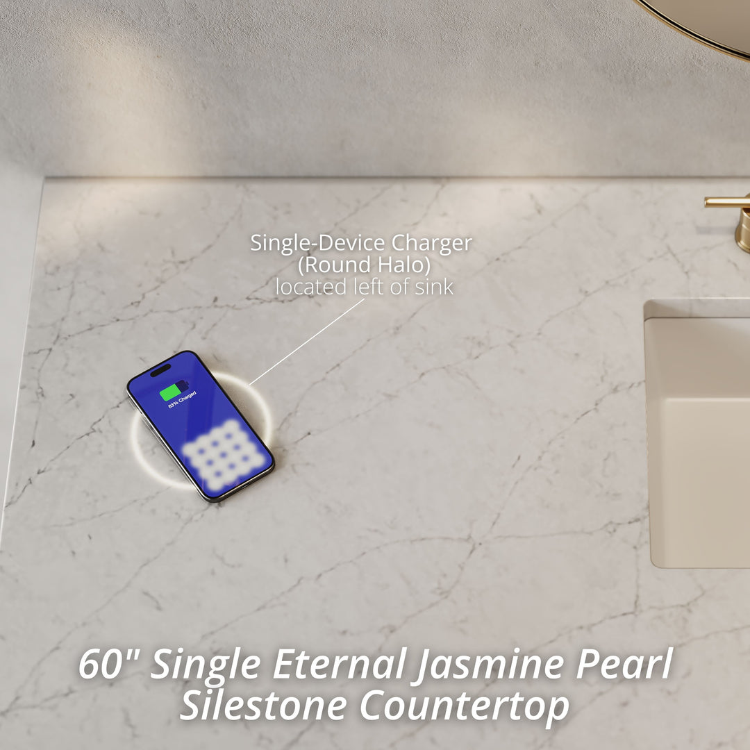 Brookfield 60" Single Vanity, Honey Oak w/3 CM Eternal Jasmine Pearl Silestone Top w/ FreePower Wireless Charger