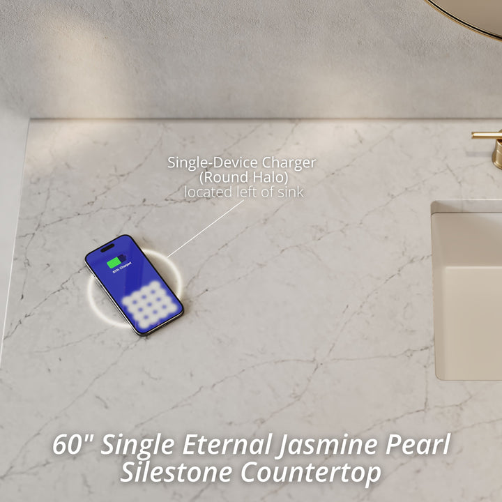 Brittany 60" Single Vanity, Burnished Mahogany w/ 3 CM Eternal Jasmine Pearl Silestone Top w/FreePower Wireless Charger