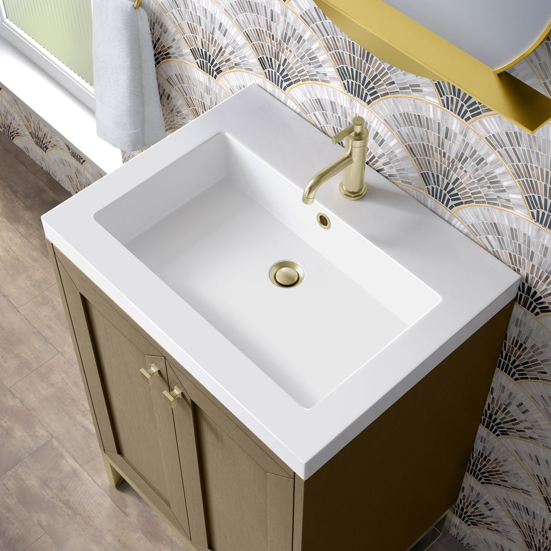 Chianti 24" Single Vanity, Walnut Whisper, Champagne Brass, w/ White Glossy Composite Stone Top