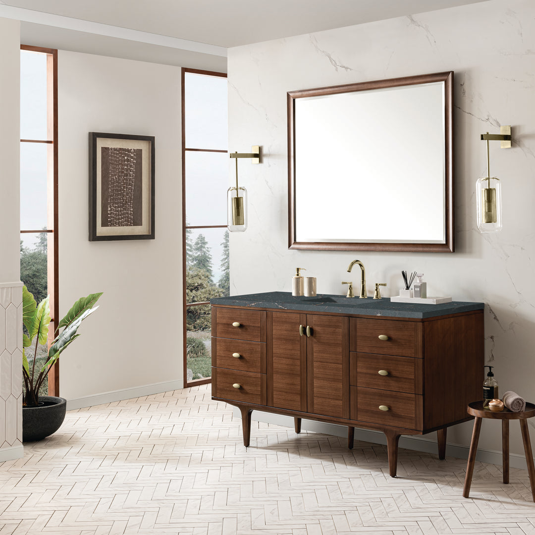 Amberly 60" Single Vanity, Mid-Century Walnut w/ 3 CM Parisien Bleu Top w/FreePower Wireless Charger