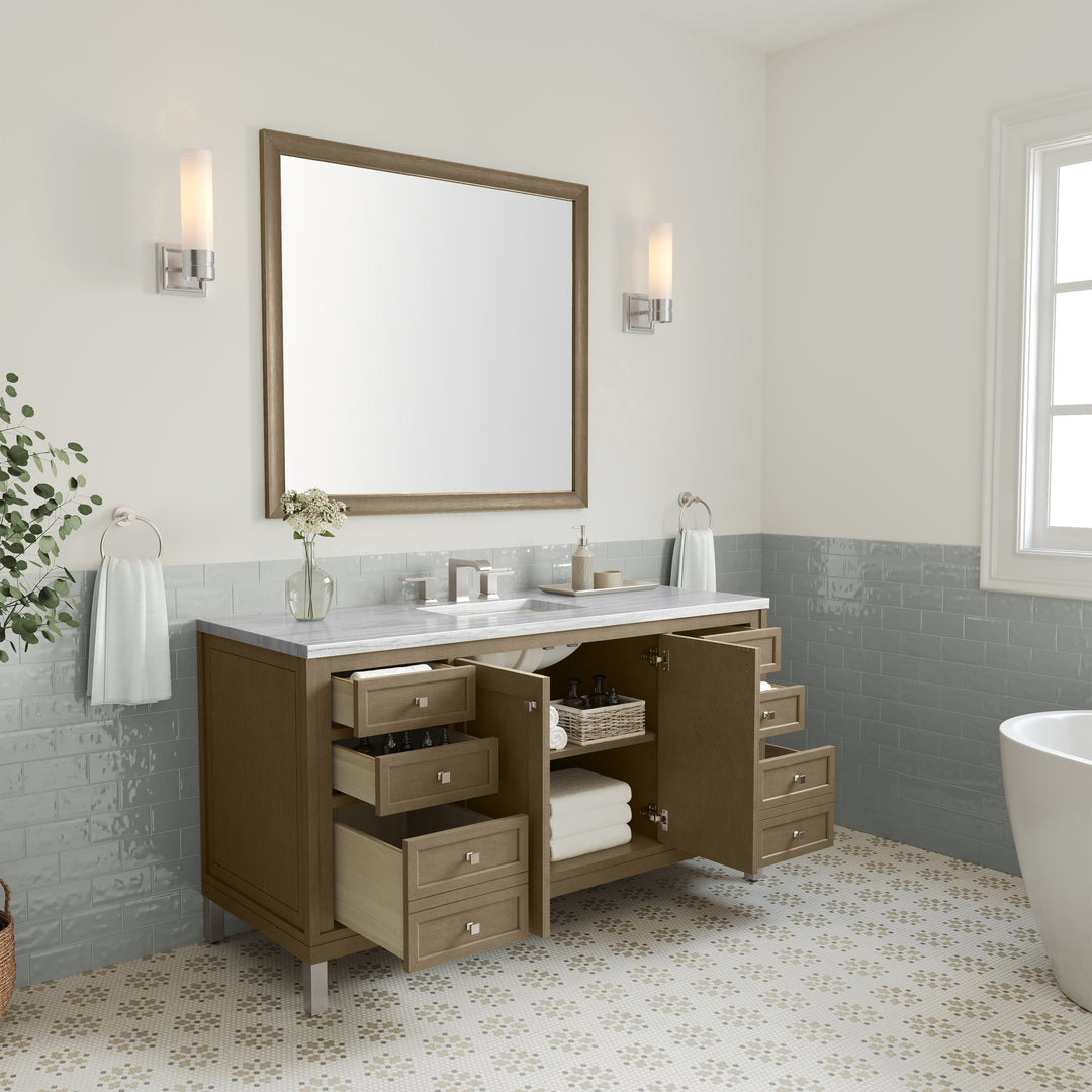 Chicago 60" Single Vanity, Walnut Whisper, w/ 3 CM Arctic Fall Solid Surface Top