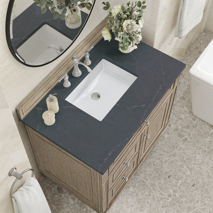 Lorelai 36" Single Vanity, Whitewashed Oak w/ 3 CM Charcoal Soapstone Silestone Top