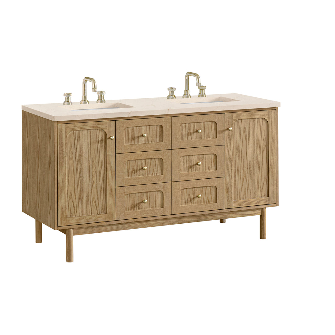 Laurent 60" Double Vanity, Light Natural Oak, w/ 3 CM Eternal Marfil Quartz Top