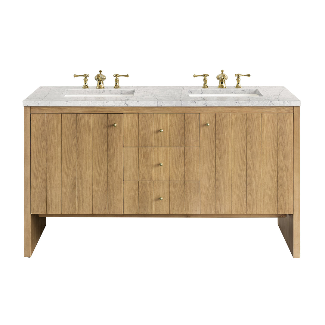 Hudson 60" Double Vanity, Light Natural Oak w/ 3 CM Eternal Jasmine Pearl Top