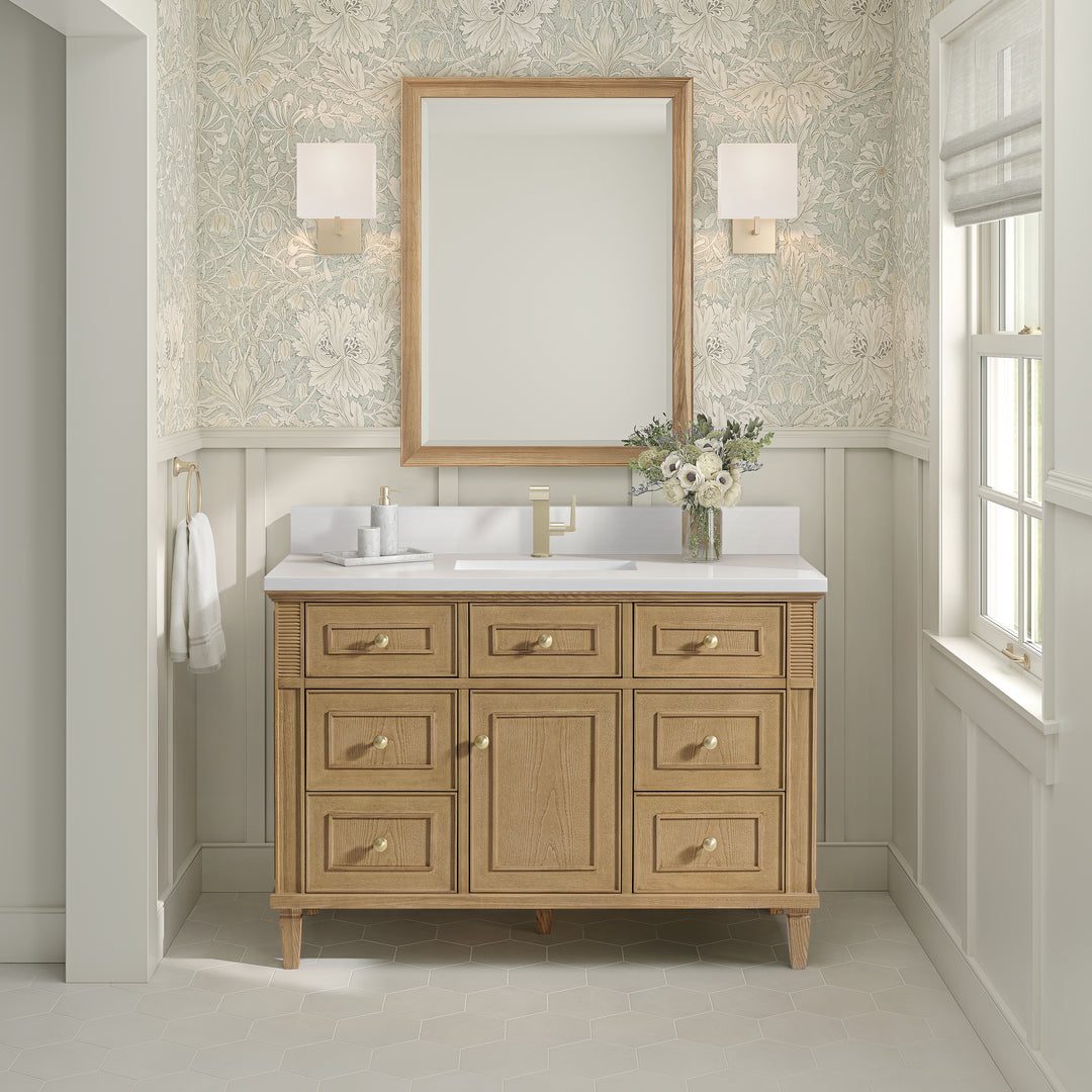 Lorelai 48" Single Vanity, Light Natural Oak w/ Single Hole 3 CM White Zeus Silestone Top & Backsplash