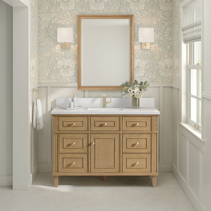 Lorelai 48" Single Vanity, Light Natural Oak w/ Single Hole 3 CM White Zeus Silestone Top & Backsplash