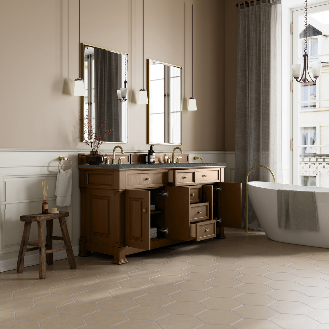 Brookfield 72" Double Vanity, Pecan w/ 3 CM Parisien Bleu Silestone Top w/ FreePower Wireless Charger