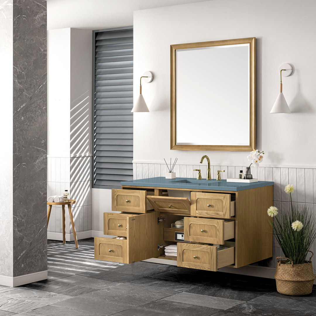 Laurent 48" Single Vanity, Light Natural Oak w/ 3 CM Cala Blue Top