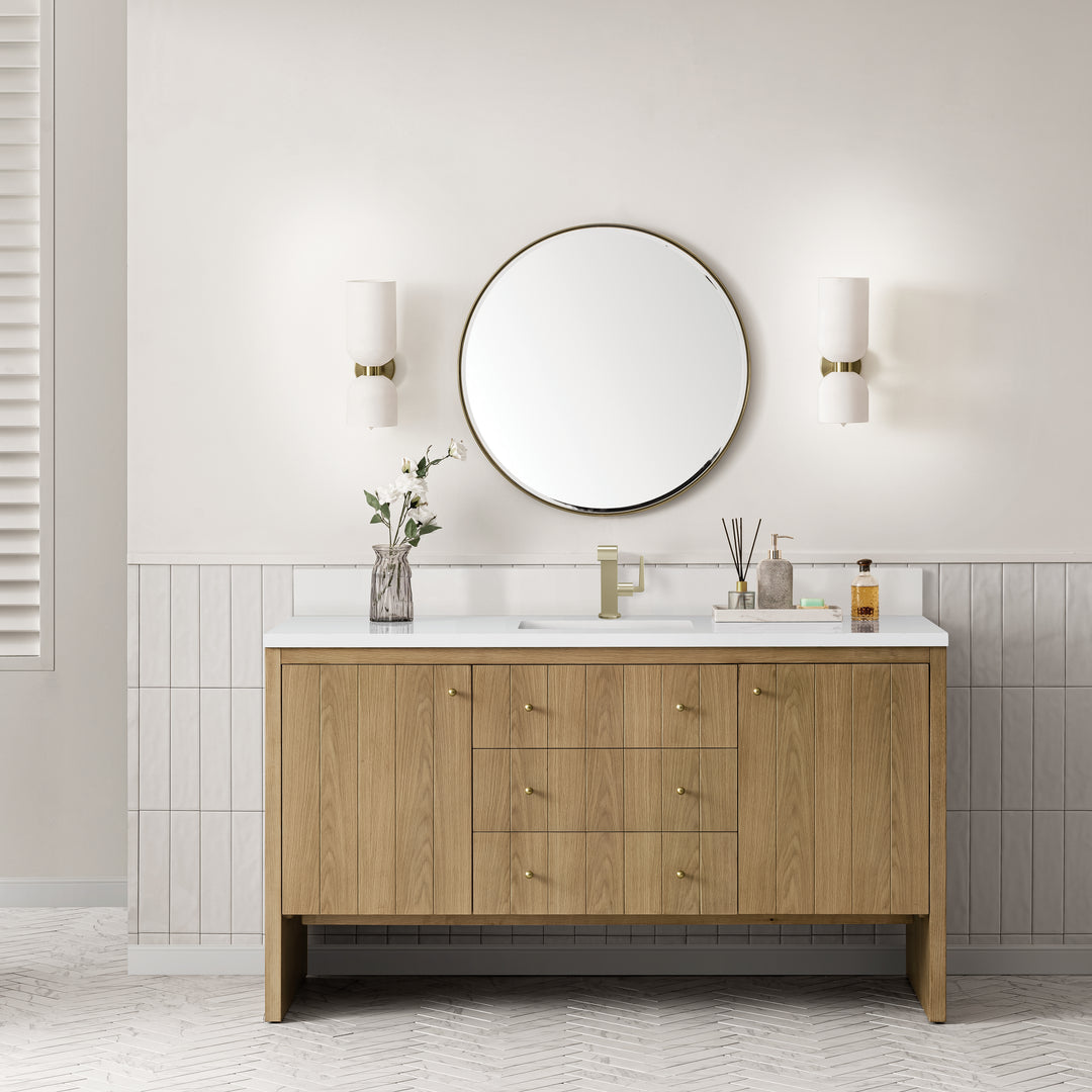 Hudson 60" Single Vanity, Light Natural Oak w/ Single Hole 3 CM White Zeus Top & Backsplash