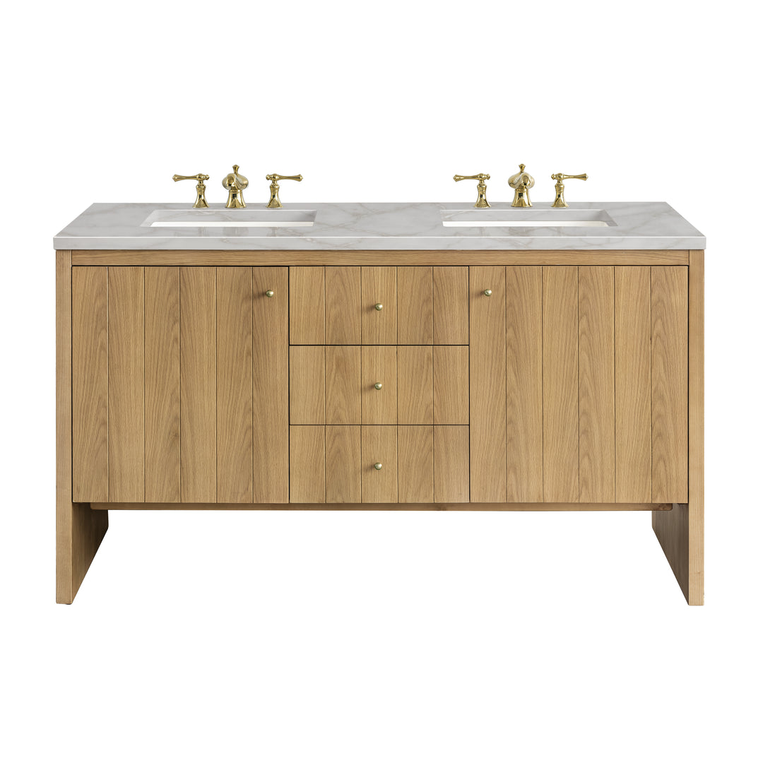 Hudson 60" Double Vanity, Light Natural Oak w/ 3 CM Victorian Silver Top