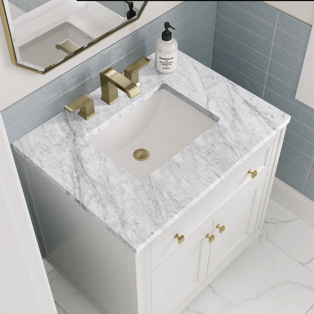 Chicago 30" Single Vanity, Glossy White, w/ 3 CM Carrara Marble Top