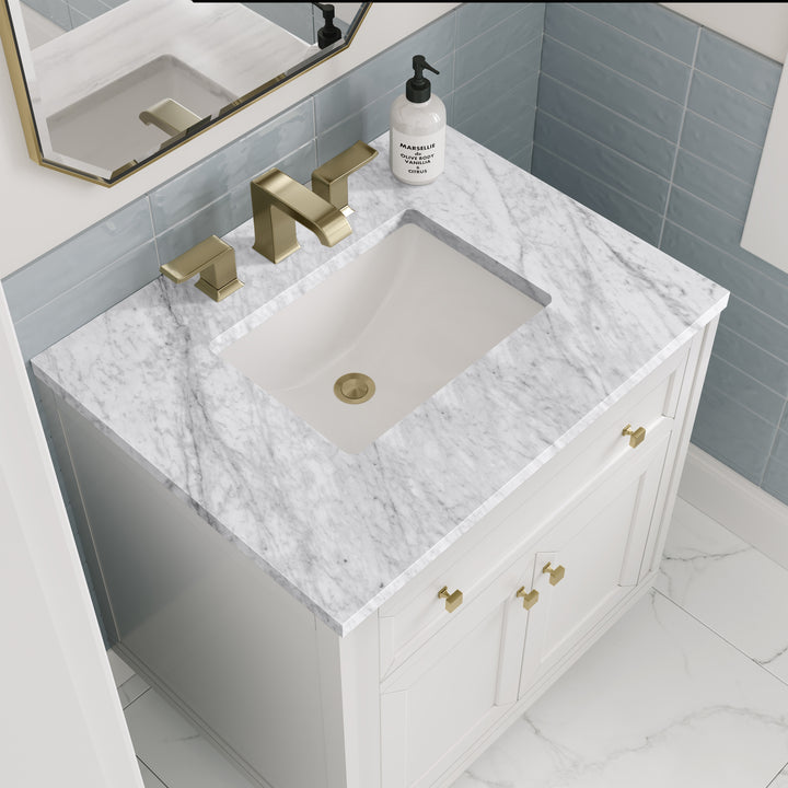 Chicago 30" Single Vanity, Glossy White, w/ 3 CM Carrara Marble Top