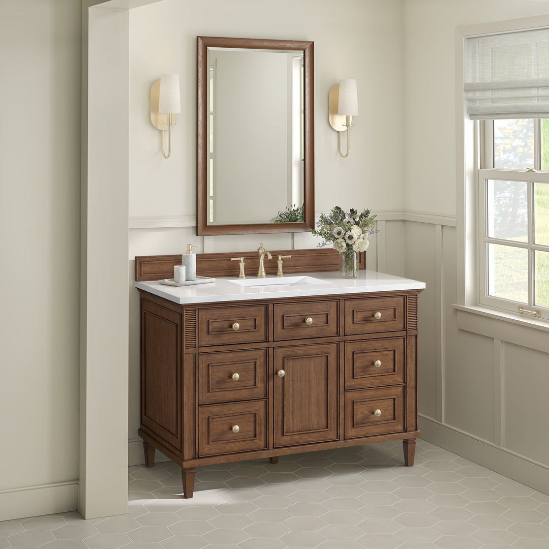 Lorelai 48" Single Vanity, Mid-Century Walnut w/ 3 CM White Zeus Silestone Top