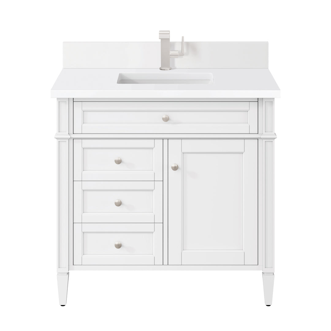 Brittany 36" Single Vanity, Bright White w/ Single Hole 3 CM White Zeus Silestone Top & Backsplash