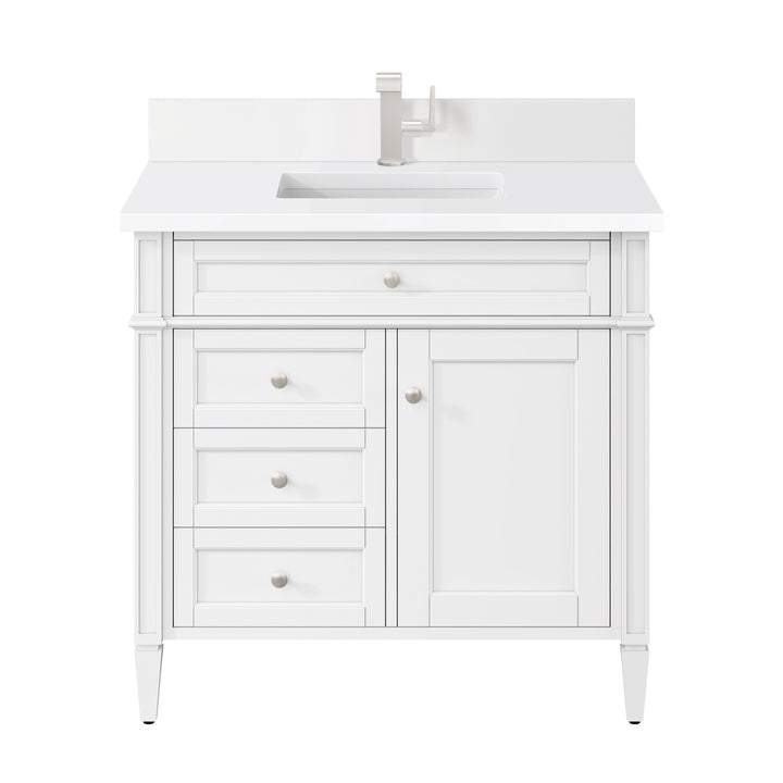 Brittany 36" Single Vanity, Bright White w/ Single Hole 3 CM White Zeus Silestone Top & Backsplash