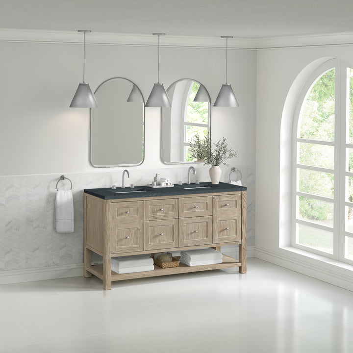Breckenridge 60" Double Vanity, Whitewashed Oak, w/ 3 CM Charcoal Soapstone Quartz Top