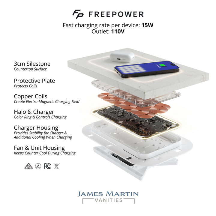 Chicago 72" Double Vanity, Walnut Whisper, w/ 3 CM Parisien Bleu Silestone® Top w/FreePower Wireless Charger