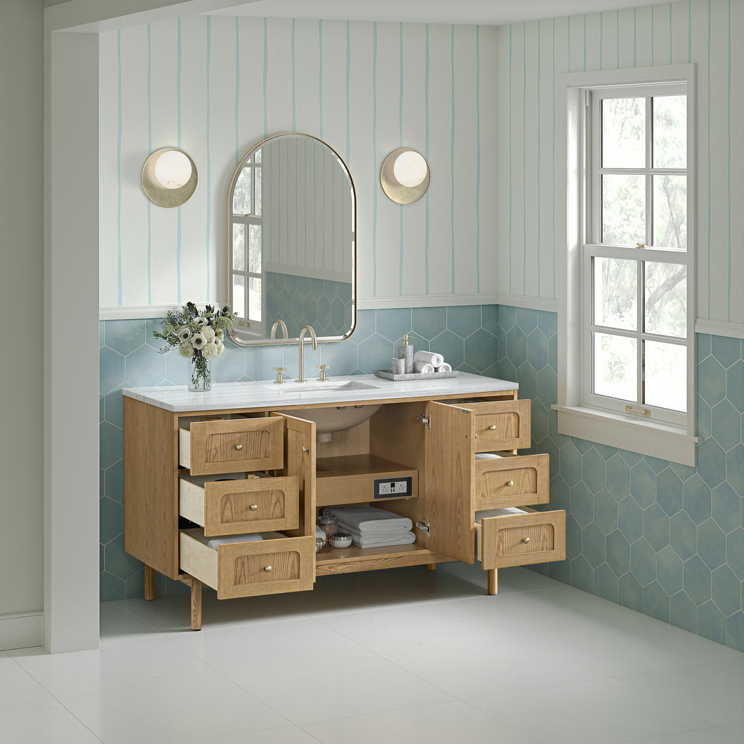 Laurent 60" Single Vanity, Light Natural Oak, w/ 3 CM Arctic Fall Solid Surface Top