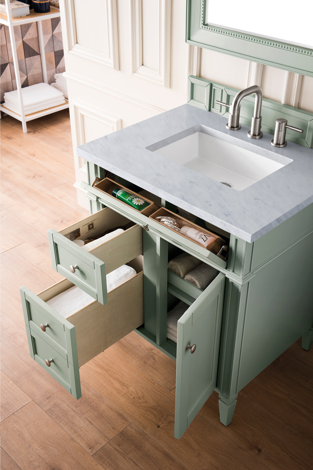 Brittany 30" Single Vanity, Sage Green w/ 3 CM Carrara Marble Top