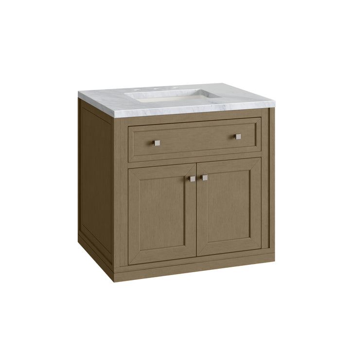 Chicago 30" Single Vanity, Walnut Whisper, w/ 3 CM Carrara Marble Top