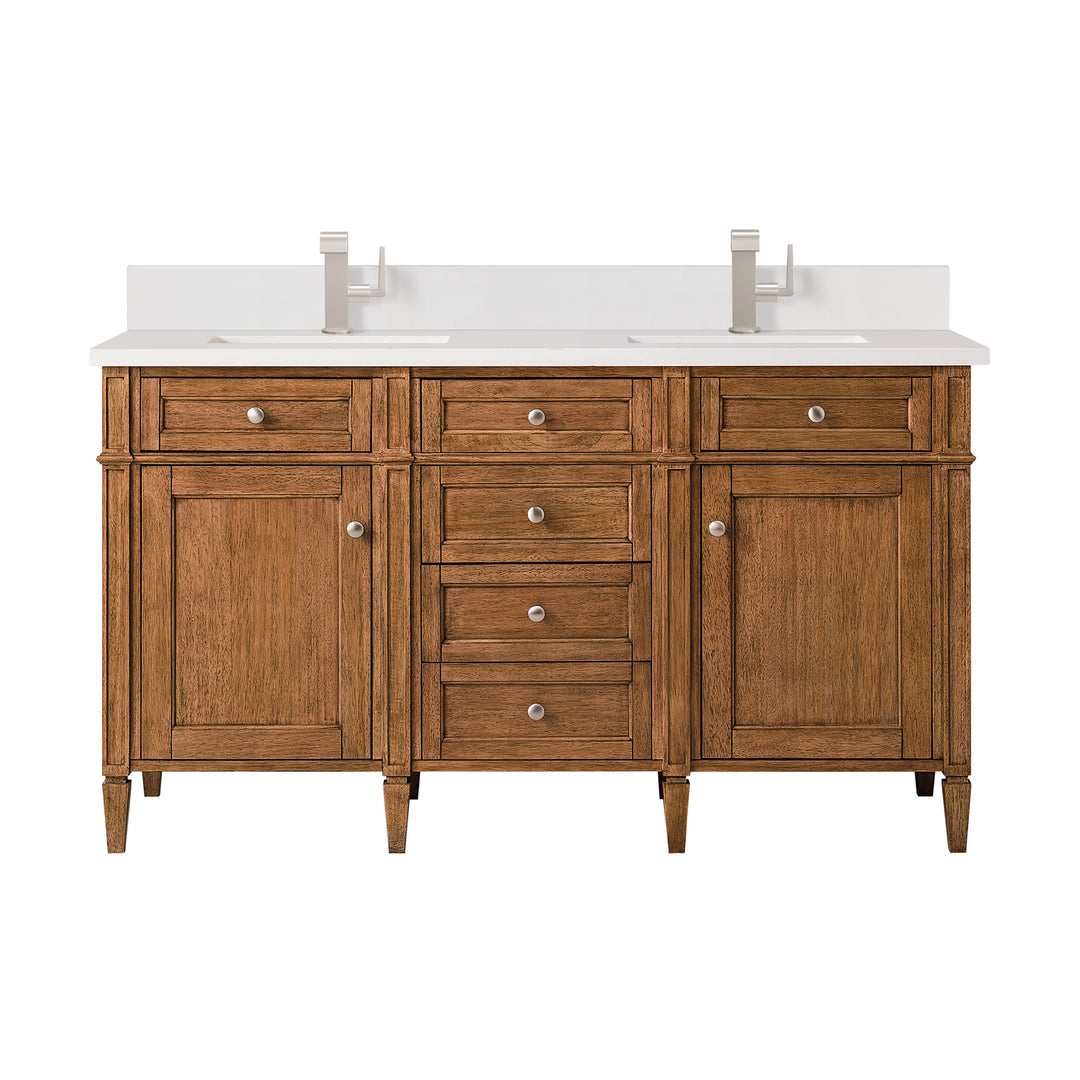 Brittany 60" Double Vanity, Saddle Brown w/ Single Hole 3 CM White Zeus Silestone Top & Backsplash