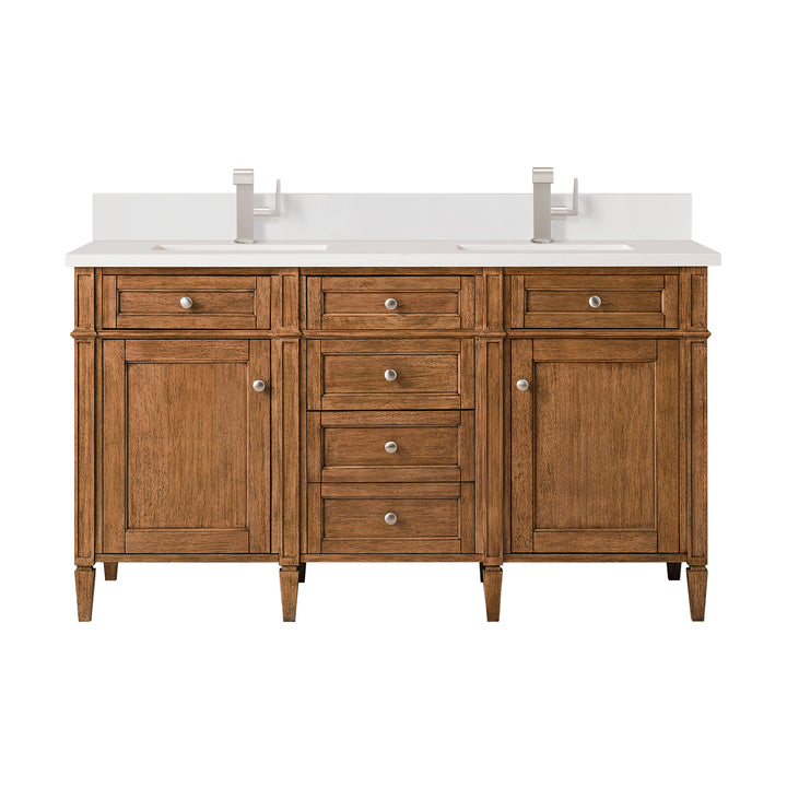 Brittany 60" Double Vanity, Saddle Brown w/ Single Hole 3 CM White Zeus Silestone Top & Backsplash