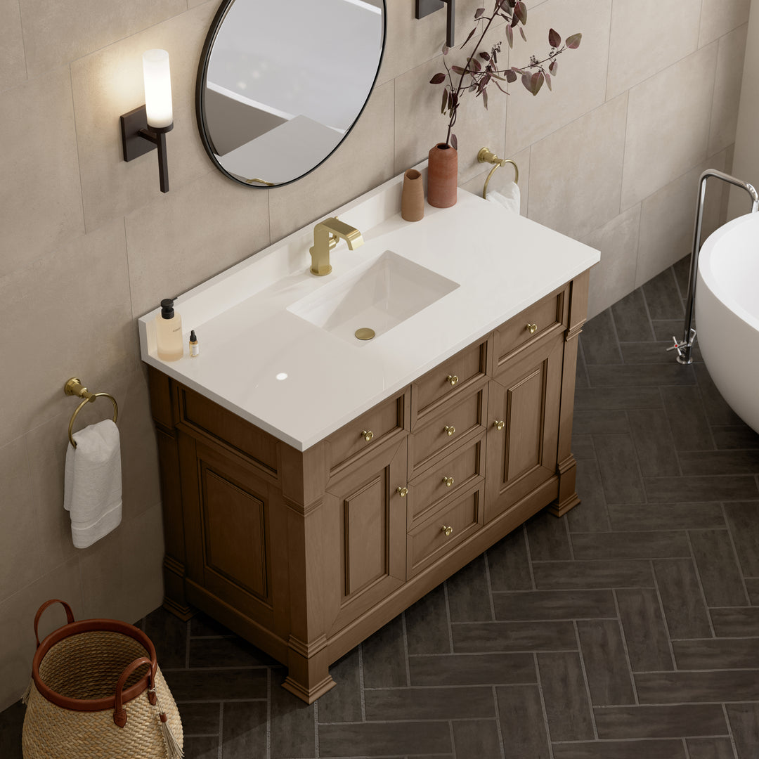 Brookfield 48" Single Vanity, Pecan w/ Single Hole 3CM White Zeus Silestone®  Top & Backsplash