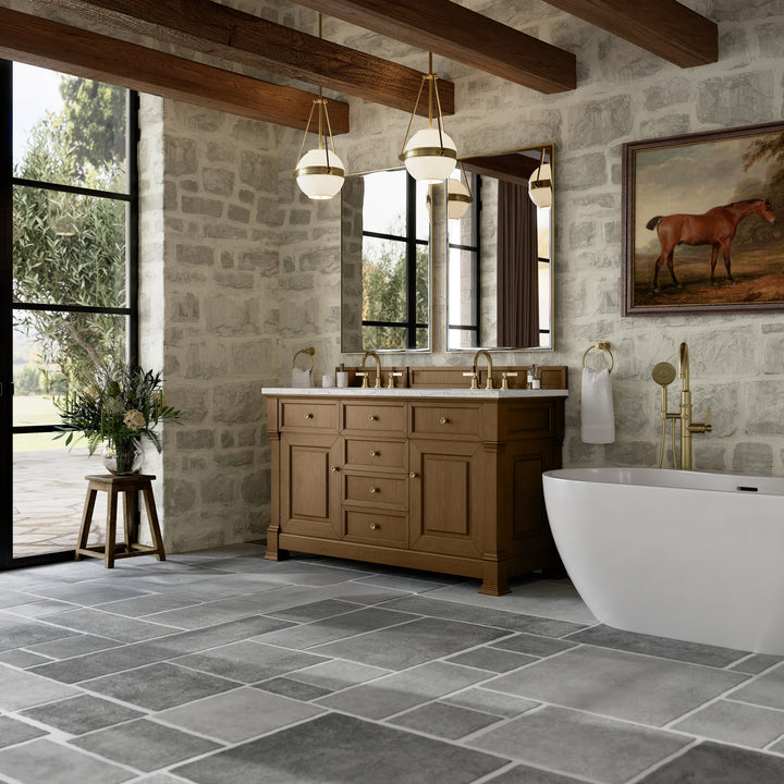 Brookfield 60" Double Vanity, Honey Oak w/ 3 CM Eternal Jasmine Pearl Silestone® Top