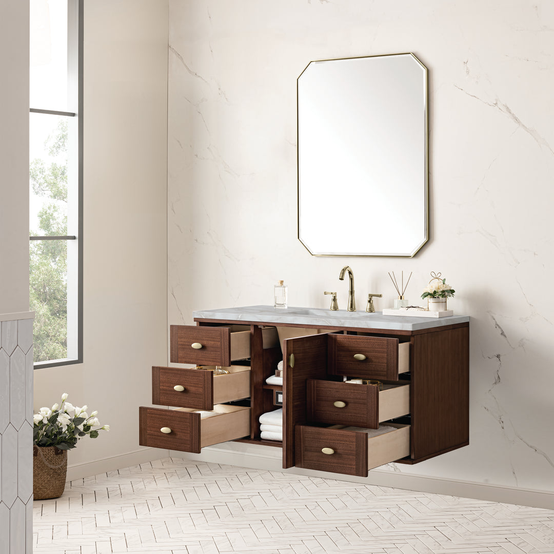 Amberly 48" Single Vanity, Mid-Century Walnut w/ 3 CM Victorian Silver Top w/FreePower Wireless Charger