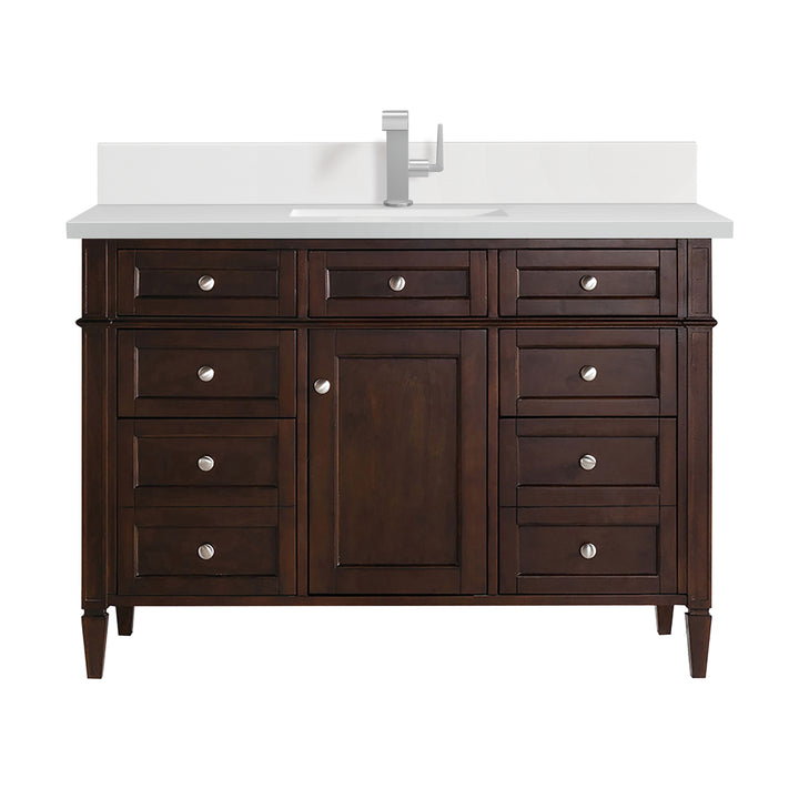 Brittany 48" Single Vanity, Burnished Mahogany w/ Single Hole 3 CM White Zeus Silestone Top & Backsplash
