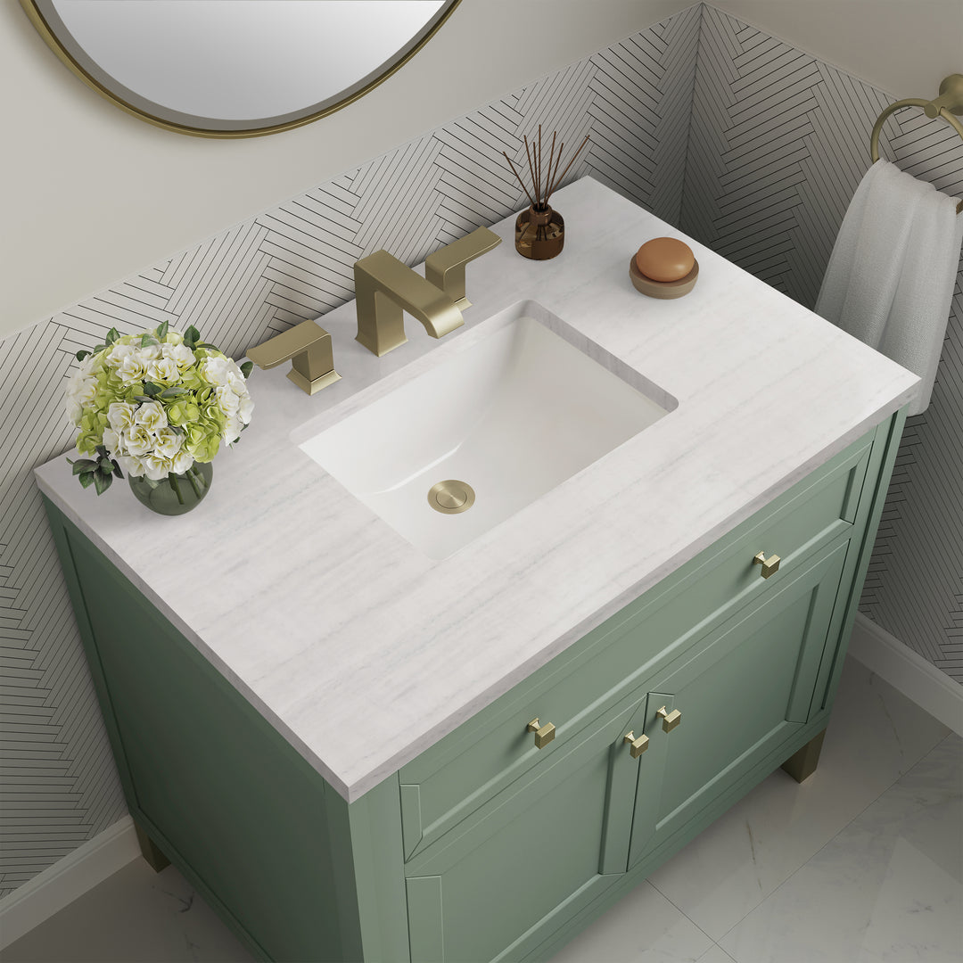 Chicago 36" Single Vanity, Smokey Celadon, w/ 3 CM Arctic Fall Solid Surface Top